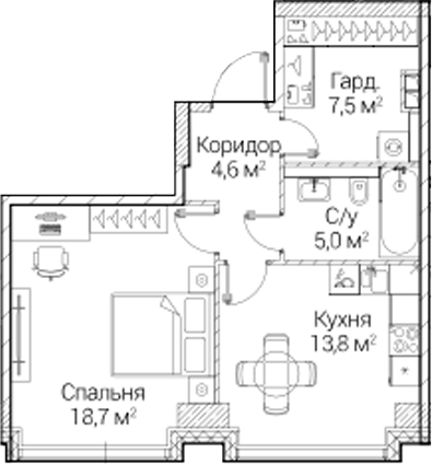 1-комн., 49.6 м², 2/41 этаж, ЖК «СЕЗАР БУДУЩЕЕ»