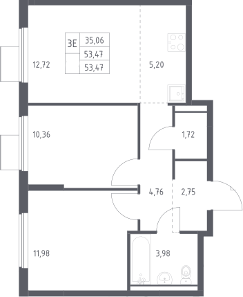 3-комн., 53.47 м², 12/13 этаж, ЖК «Горки Парк»
