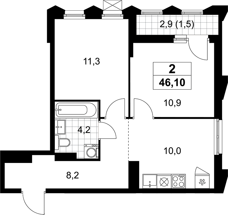 2-комн., 44.6 м², 11/11 этаж, ЖК «Деснаречье»