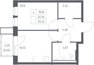 1-комн., 32.76 м², 16/17 этаж, ЖК «Квартал Авиаторов»