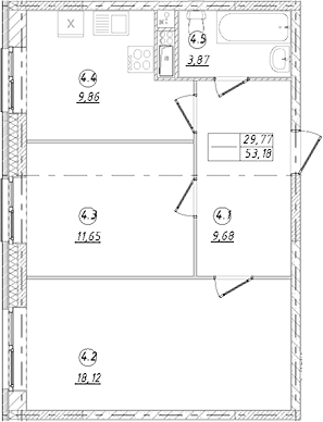 2-комн., 53.18 м², 9/9 этаж, ЖК «Юго-Западный квартал»