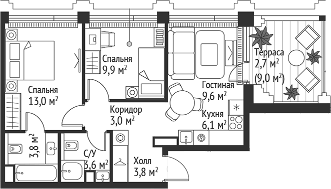 3-комн., 52.8 м², 35/45 этаж, ЖК «СЕТ»