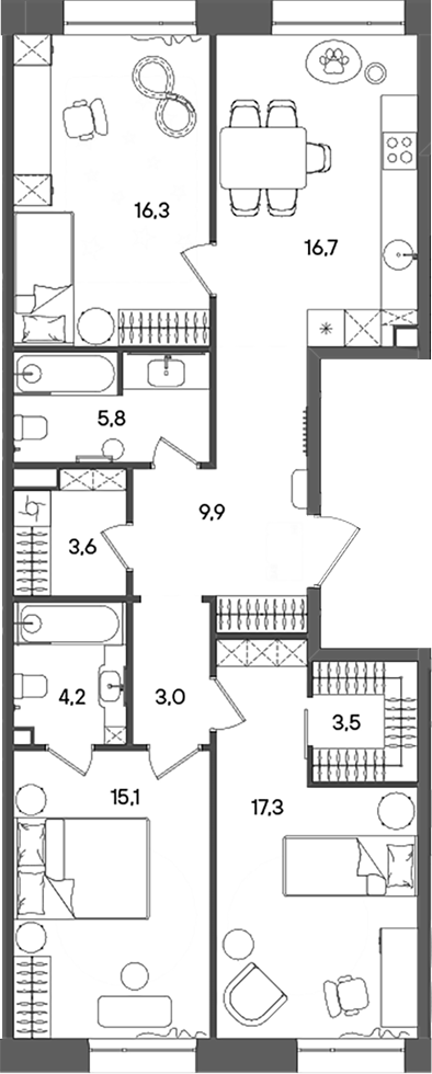 4+ комнаты, 95.4 м², 10/14 этаж, ЖК «СТОУН Райз»
