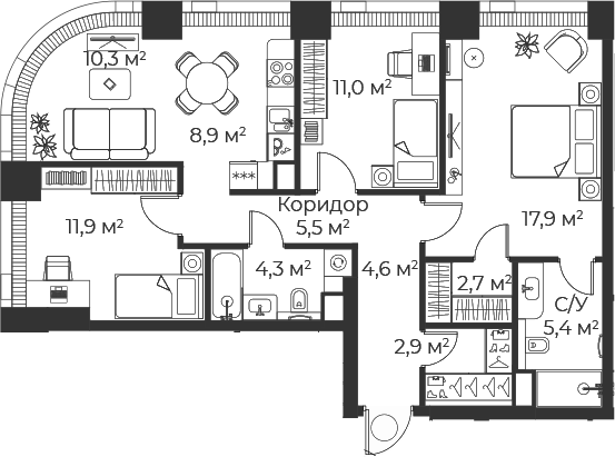 4+ комнаты, 85.2 м², 18/71 этаж, ЖК «Веер»