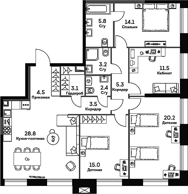 4+ комнаты, 118.7 м², 28/33 этаж, ЖК «ЭРА»
