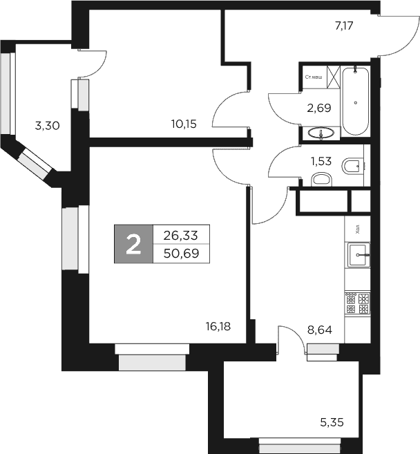 2-комн., 46.36 м², 10/17 этаж, ЖК «Восток 2»