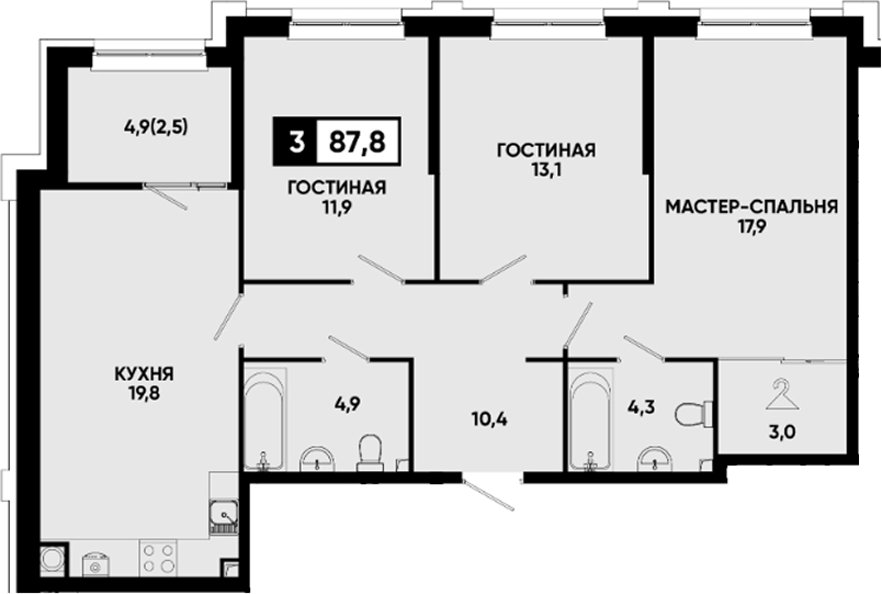 3-комн., 85.3 м², 2/14 этаж, ЖК «Квартал на курорте Моя Легенда»
