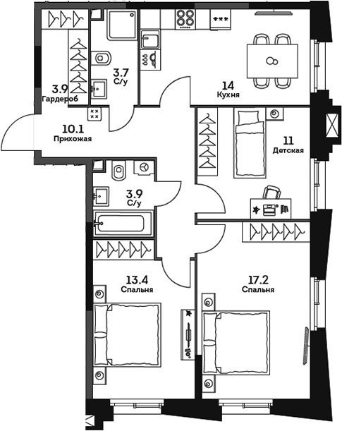 3-комн., 77.2 м², 19/22 этаж, ЖК «ТВЕЛВ»