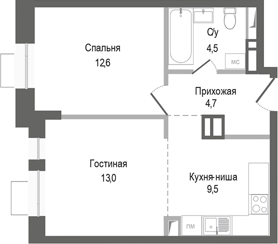 2-комн., 44.3 м², 7/8 этаж, ЖК «Киноквартал»