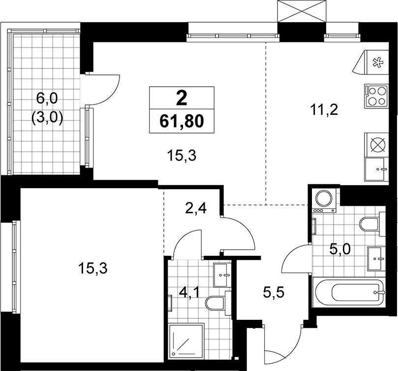2-комн., 58.8 м², 12/12 этаж, ЖК «Дзен-кварталы»