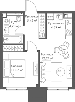 2-комн., 38.4 м², 20/22 этаж, ЖК «МИРА»