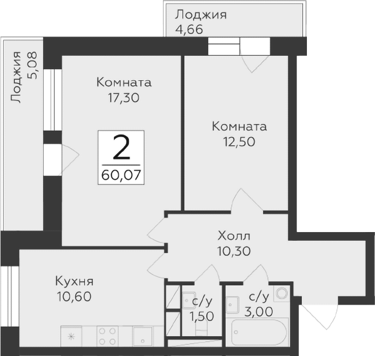 2-комн., 55.2 м², 12/17 этаж, ЖК «Малаховский»