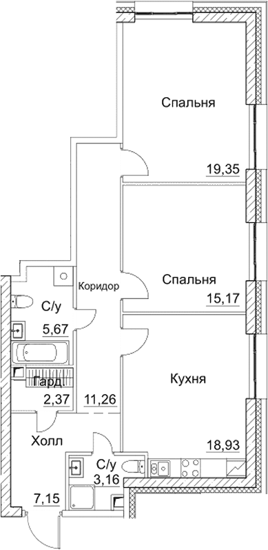 3-комн., 83.06 м², 2/28 этаж, ЖК «СЕЗАР СИТИ»