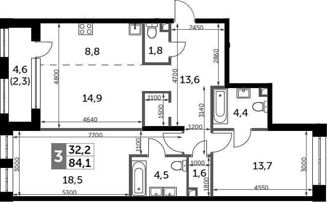 3-комн., 81.8 м², 20/20 этаж, ЖК «Сидней Сити»