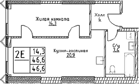 2-комн., 46.6 м², 8/29 этаж, ЖК «Наметкин Тауэр»