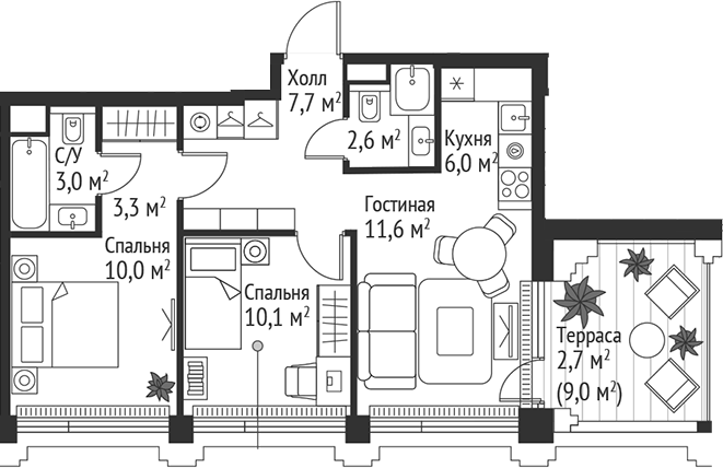 3-комн., 54.3 м², 35/45 этаж, ЖК «СЕТ»