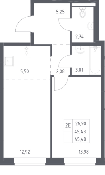 2-комн., 45.48 м², 10/12 этаж, ЖК «Новое Видное»