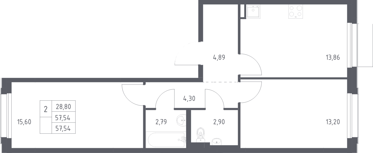 2-комн., 57.54 м², 5/6 этаж, ЖК «Новое Внуково»