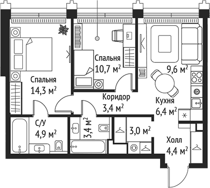 3-комн., 60.1 м², 54/59 этаж, ЖК «СЕТ»