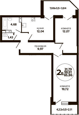 2-комн. квартира, 59.91 м² в ЖК Гулливер — фото 2