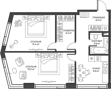 2-комн., 61.6 м², 50/52 этаж, ЖК «СВЕТ»