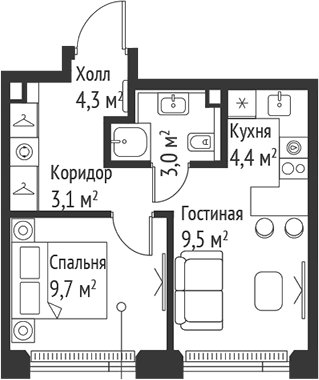 2-комн., 34 м², 31/59 этаж, ЖК «СЕТ»