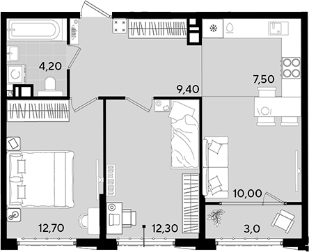 3-комн., 56.1 м², 6/18 этаж, ЖК «Порто-Ново»