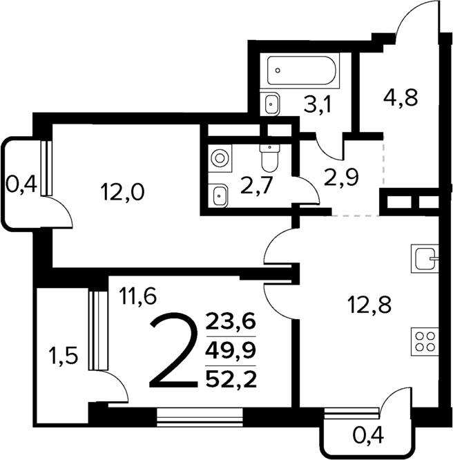 2-комн., 49.9 м², 5/14 этаж, ЖК «Новые Ватутинки Квартал у реки»