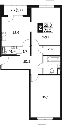 2-комн., 69.8 м², 9/23 этаж, ЖК «Южная Битца»