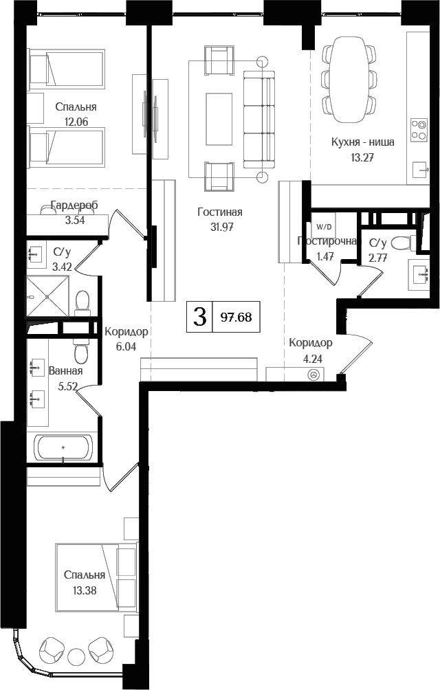 3-комн., 97.68 м², 3/6 этаж, ЖК «Преображенская площадь»