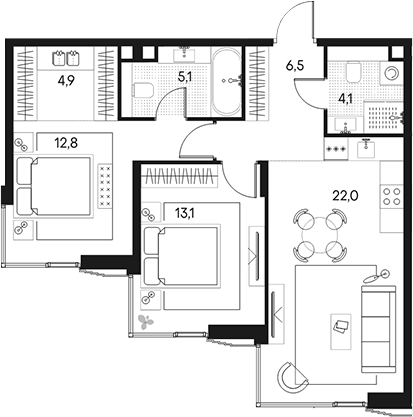 3-комн., 68.5 м², 13/20 этаж, ЖК «Клубный город на реке Примавера»
