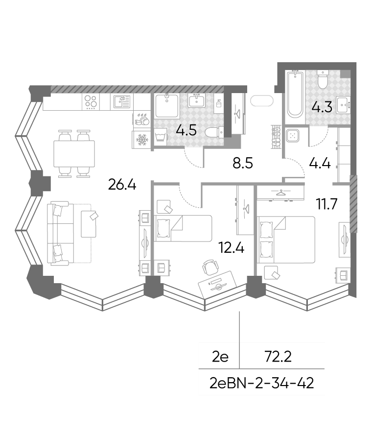 3-комн., 72.2 м², 40/43 этаж, ЖК «ЗилАрт»