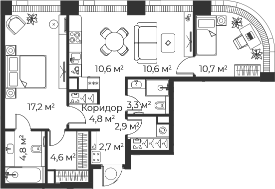 3-комн., 72.2 м², 49/71 этаж, ЖК «Веер»