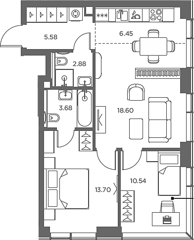 3-комн., 61.43 м², 29/49 этаж, ЖК «TATE»