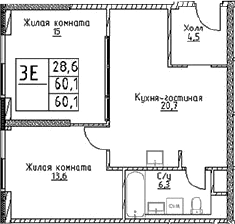 3-комн., 60.1 м², 6/29 этаж, ЖК «Наметкин Тауэр»