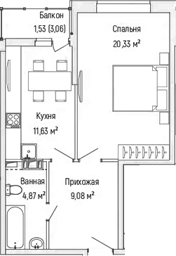 1-комн., 45.91 м², 8/9 этаж, ЖК «Рига Хиллс»