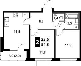 2-комн., 52.3 м², 16/16 этаж, ЖК «1-й Ясеневский»