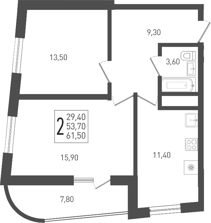 Продается 2-комн. квартира, 53.7 м² — фото 2