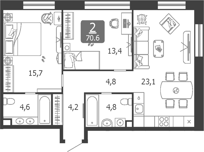 3-комн., 70.6 м², 16/19 этаж, ЖК «Шагал»