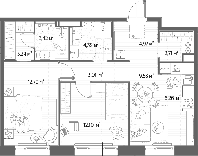 3-комн., 62.42 м², 2/10 этаж, ЖК «МЫС»