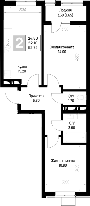 Продается 2-комн. квартира, 51.7 м²