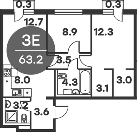 3-комн., 62.6 м², 6/6 этаж, ЖК «Равновесие»