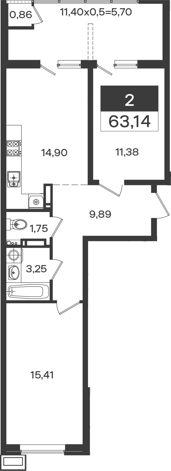 2-комн. квартира, 57.44 м² в ЖК Образцово — фото 2