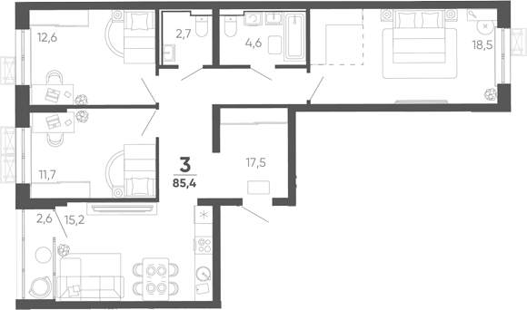 3-комн. квартира, 82.8 м² в ЖК Барса — фото 2
