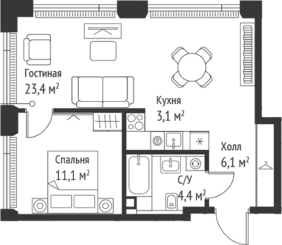 2-комн., 48.1 м², 20/28 этаж, ЖК «СЕТ»