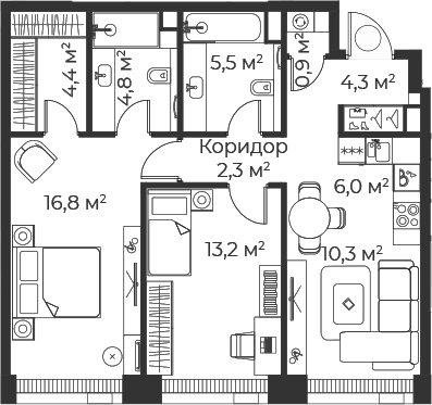 3-комн., 68.5 м², 58/71 этаж, ЖК «Веер»