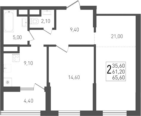 2-комн. квартира, 61.2 м² в ЖК Югге — фото 2