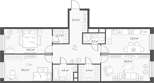 3-комн., 90 м², 7/12 этаж, ЖК «Аристов Берег»