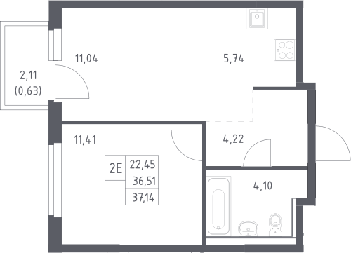 2-комн., 36.51 м², 11/17 этаж, ЖК «Пригород Лесное»
