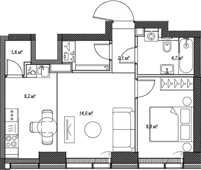 2-комн., 44.3 м², 4/46 этаж, ЖК «Веер»